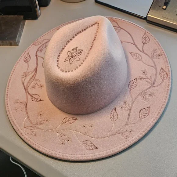Tickled Pink Custom Hand Burned Pyrography Wide Brim Fedora Hat Hand Burned Wide Brim Fedora | Western, Cowgirl, Lainey  main image 3